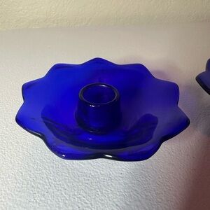 Vintage colbalt blue Glass Candle Holder with lotus flower Design set of 2